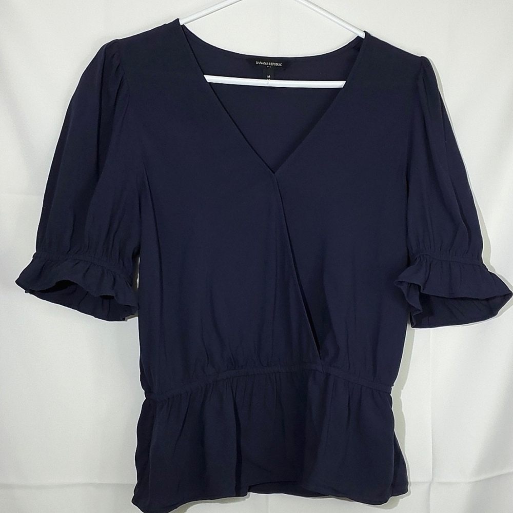 Banana Republic Navy Blue 100% Rayon Puff Sleeve Wrap Top - Medium
